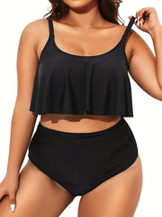 Solid Ruffle Trim Tankini Set