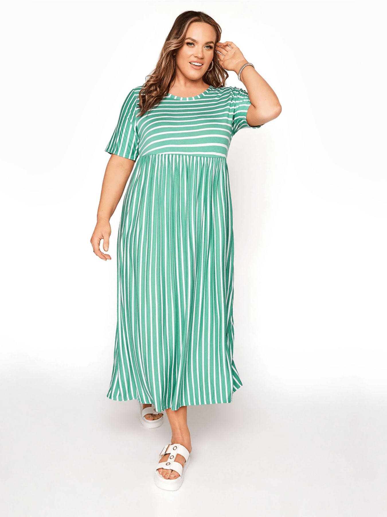 Striped Pattern Round Neck Loose Fit Maxi Dress Women's Plus Size