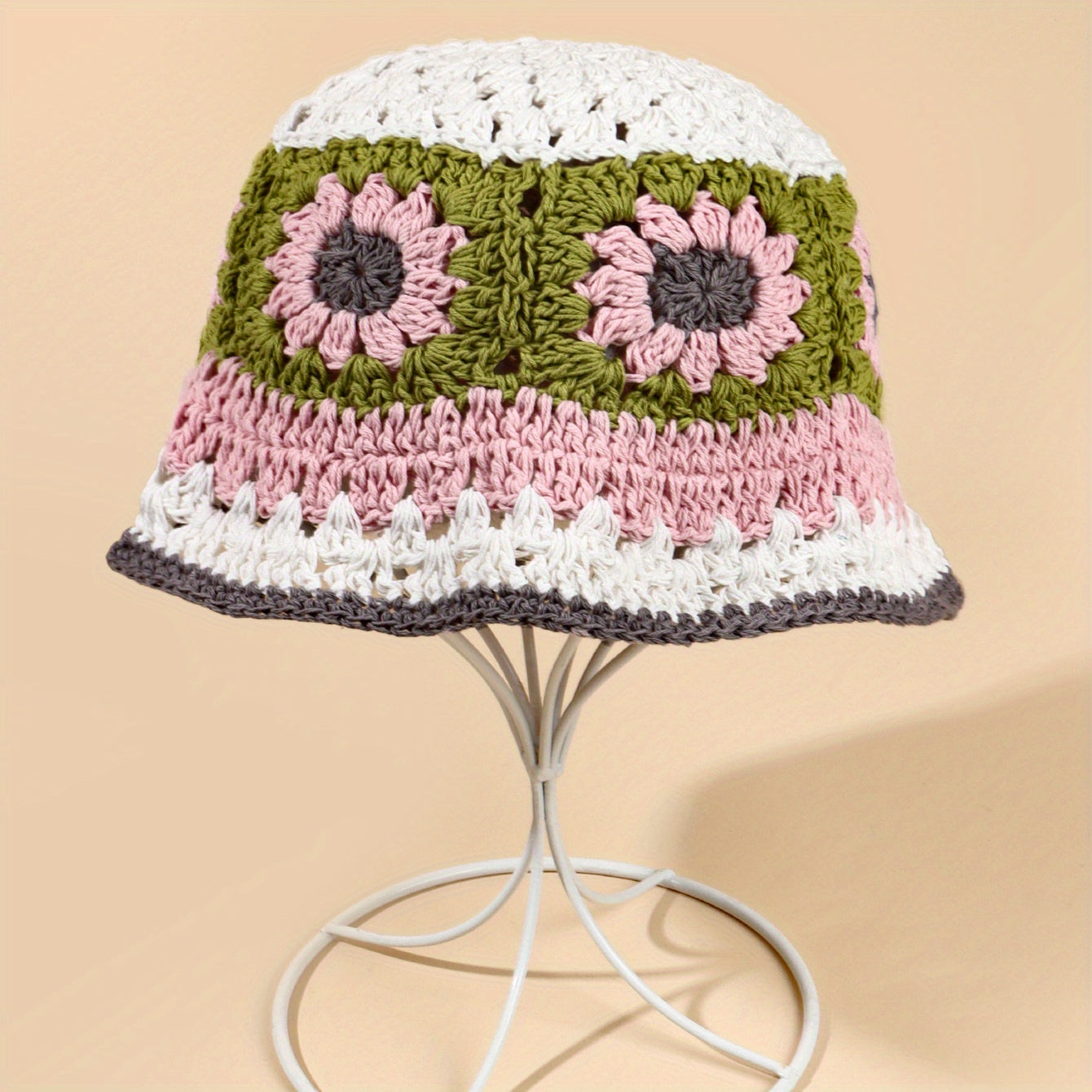 Y2K Flower Hollow Knit Bucket Hat for Women