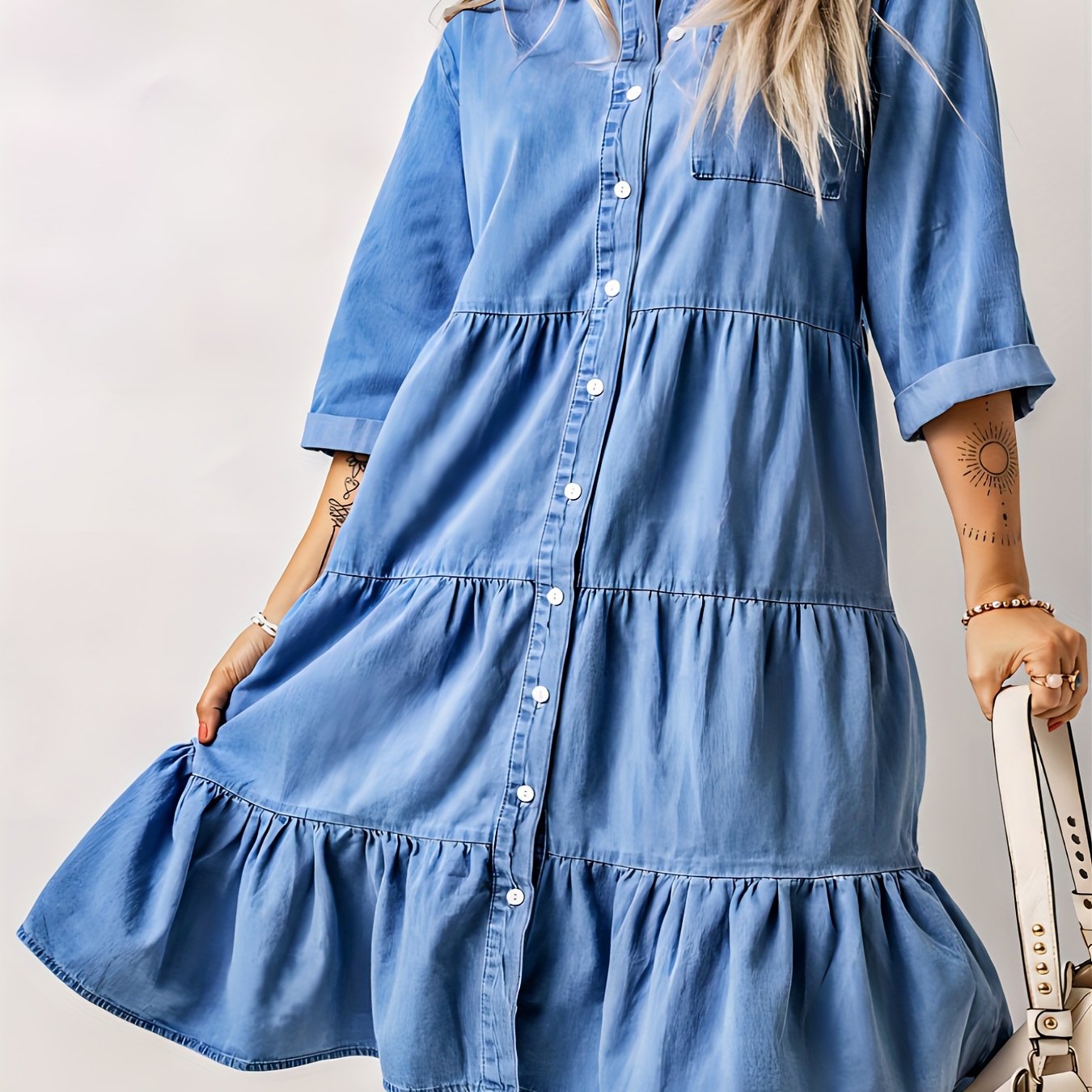 Ruched Peplum Denim Dress Single Breasted Button