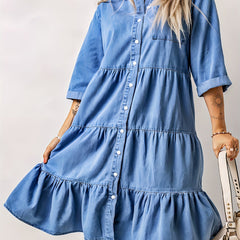 Ruched Peplum Denim Dress Single Breasted Button