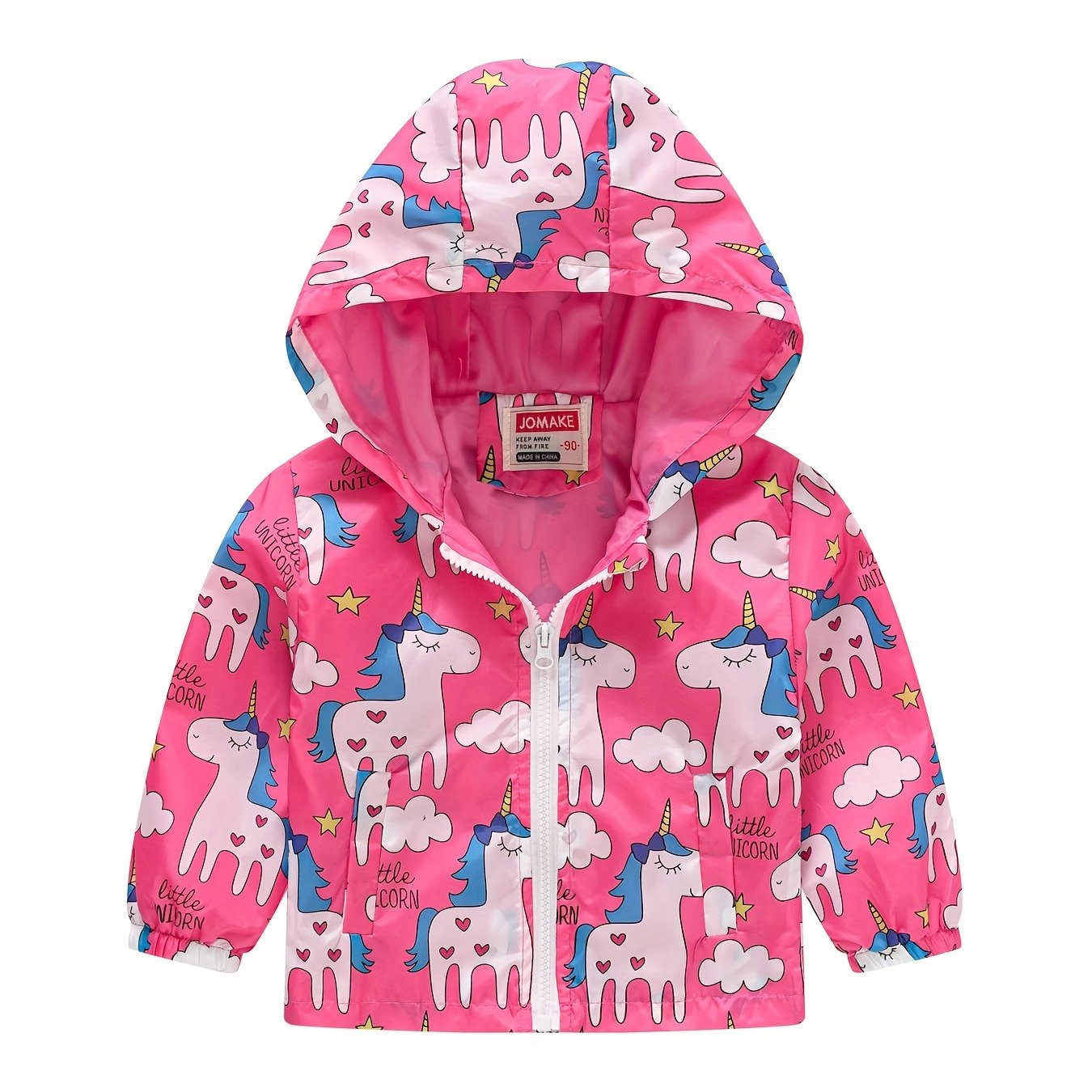Girls Unicorn Print Hooded Jackets Zip Up Pockets Raincoats