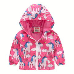 Girls Unicorn Print Hooded Jackets Zip Up Pockets Raincoats