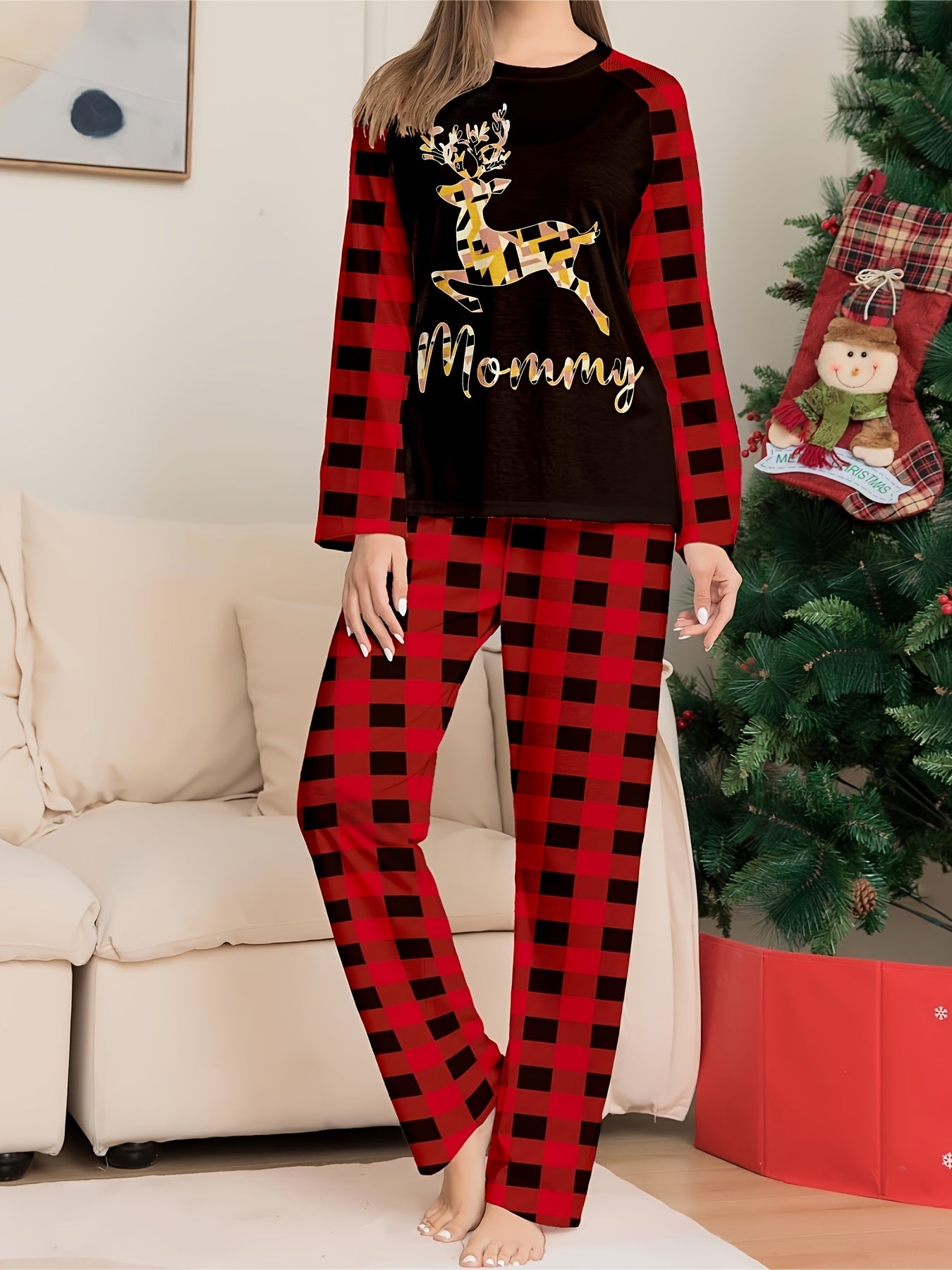 Christmas Pajamas Set Women's Geo Elk & Letter Print Tee & Plaid Pants