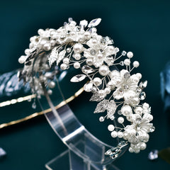 Bridal Headband with Rhinestones & Shell Flowers