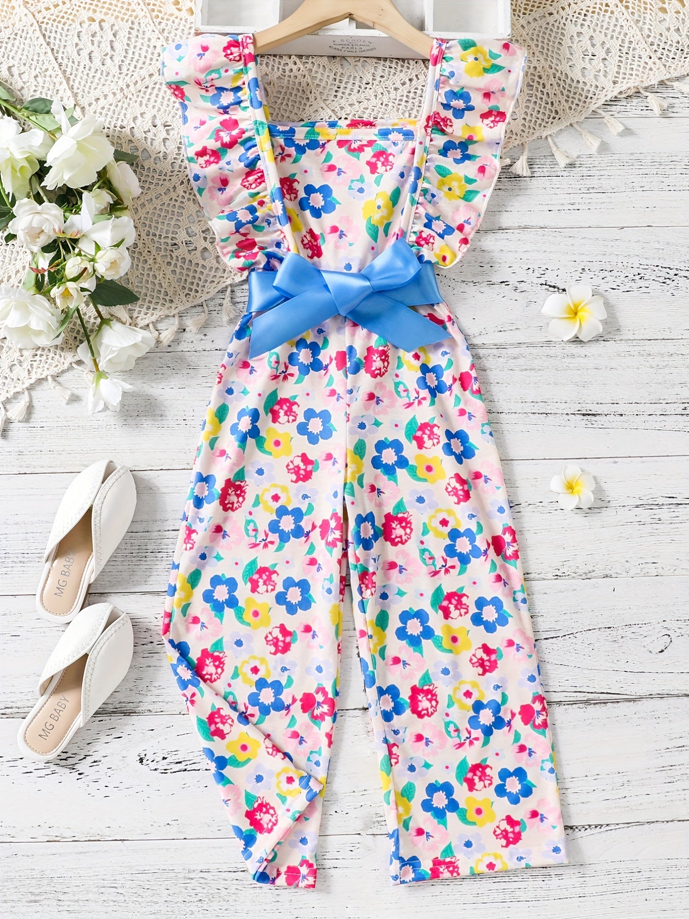 Girls Bow Floral Print Ruffle Sleeve Rompers Comfortable Casual Jumpsuit