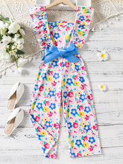 Girls Bow Floral Print Ruffle Sleeve Rompers Comfortable Casual Jumpsuit