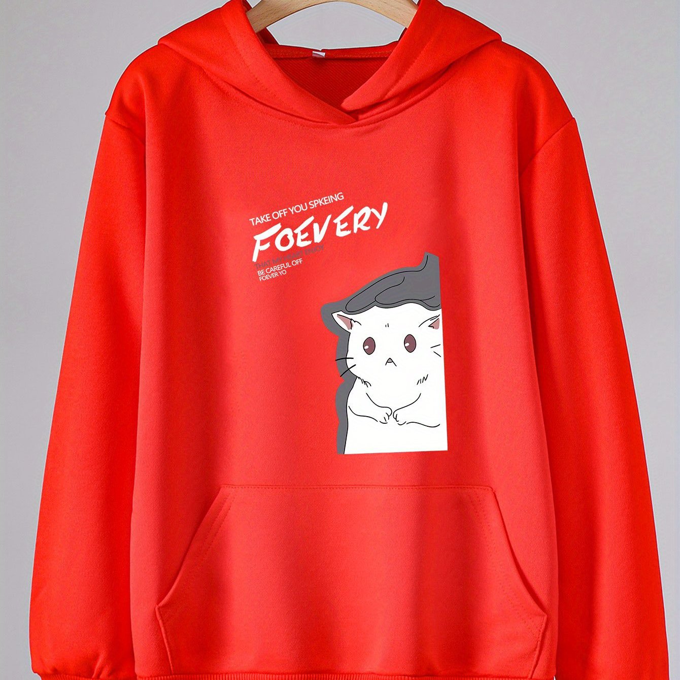 Cat Print Hoodie For Girls Kids Casual Pullover Hood Long Sleeve Top