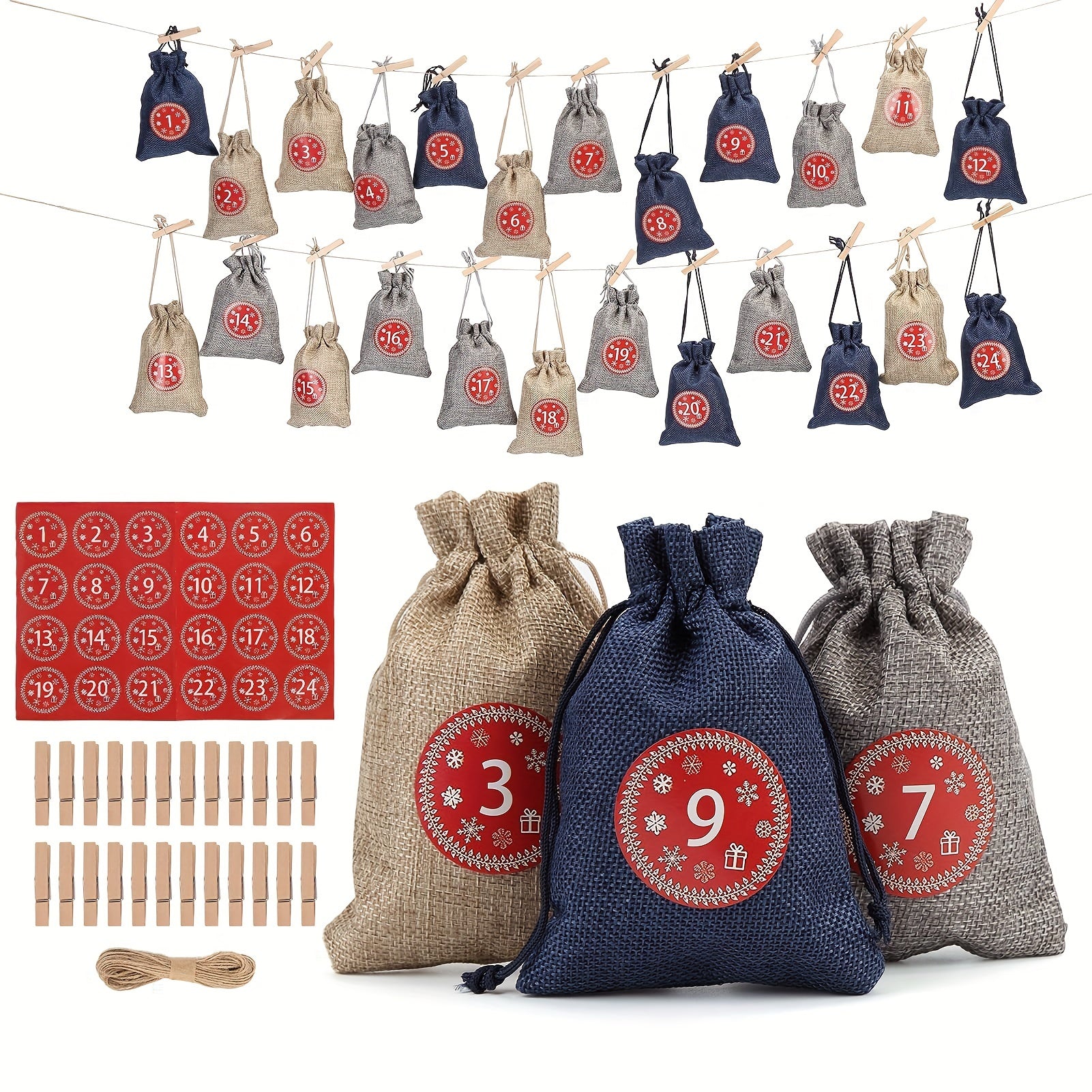 24 Burlap Advent Calendar Bags, 3 Colors, DIY Craft