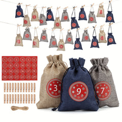 24 Burlap Advent Calendar Bags, 3 Colors, DIY Craft