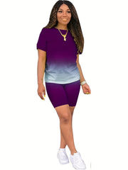 Gradient Casual 2pc Set Crew Neck Tee & Slim Shorts Outfits Women's Clothing