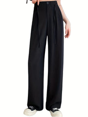 Solid Drawstring Button Pants Casual High Waist Straight Leg Pants