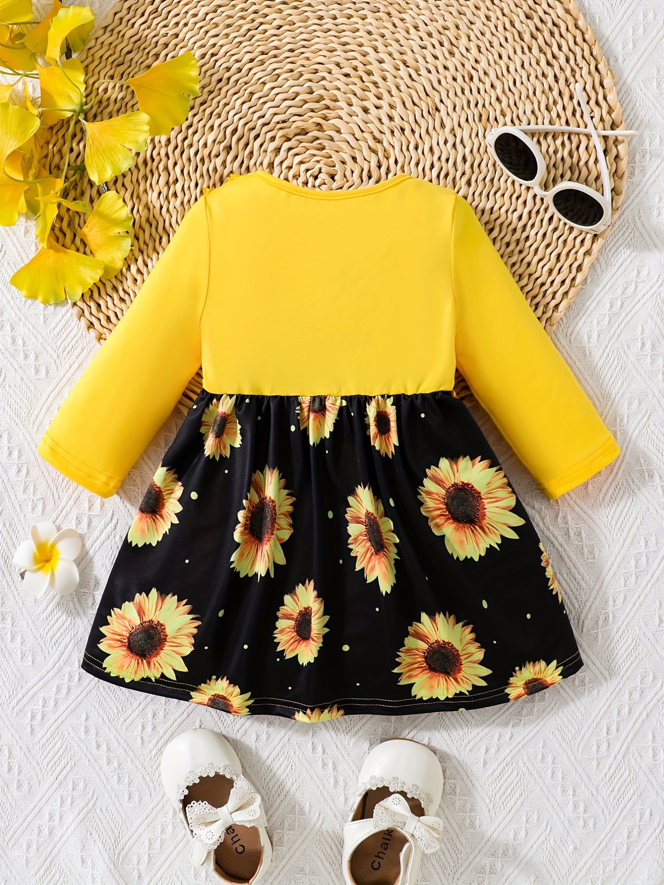 Baby Girls Ruffle Trim Flower Print Dress Long Sleeve Sundress