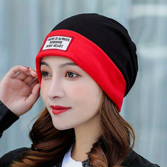 Stylish Label Decor Beanie Block Warm Skull Cap Elastic Knit Hat