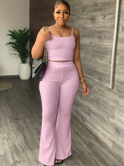 Solid Matching Two Piece Set Crop Cami Top & High Waist Flare Leg Pants Outfit