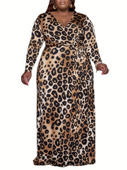 Leopard Print Maxi Dress Long Sleeve Surplice Neck