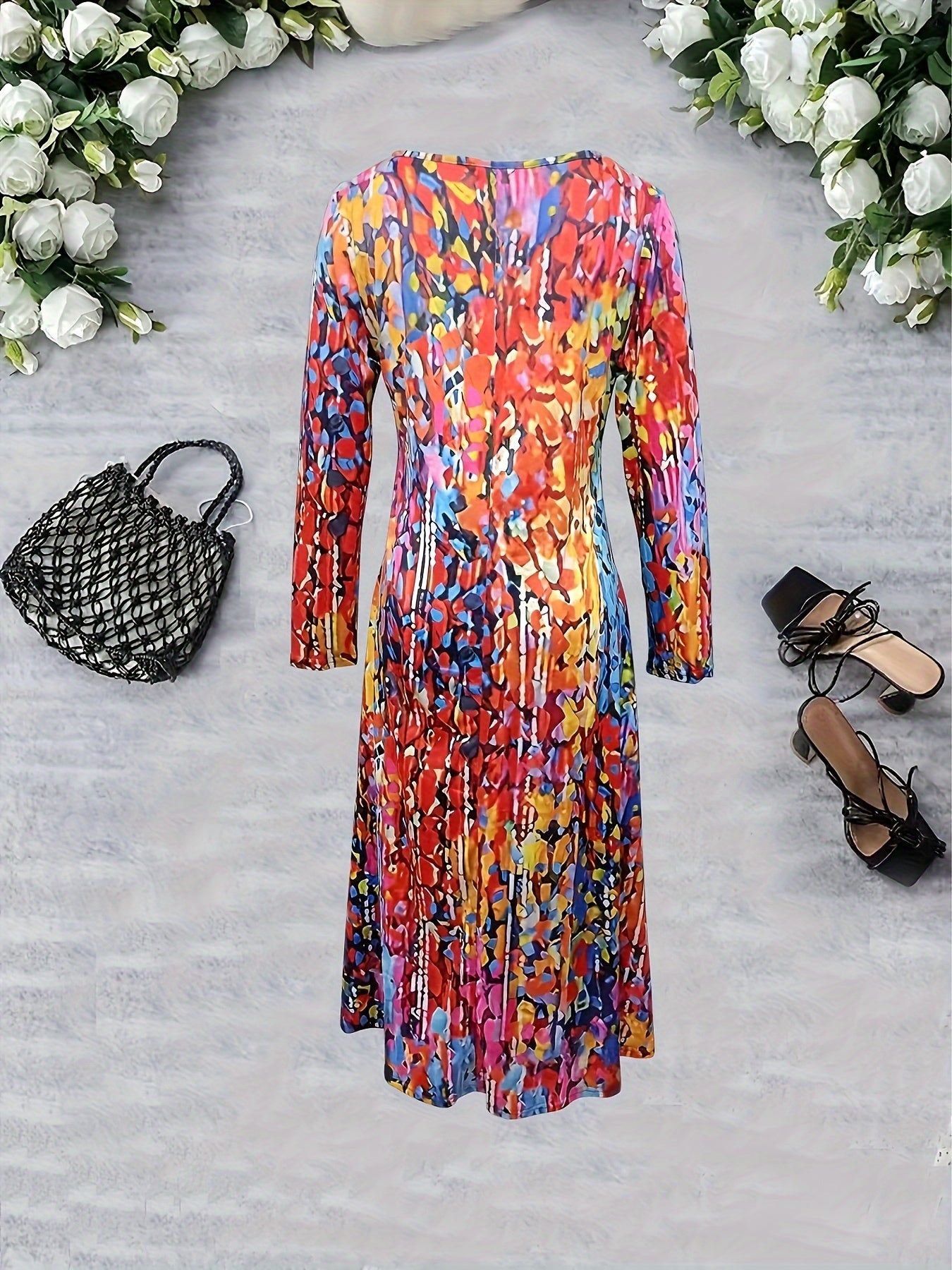 Tie Dye Long Sleeve V Neck Midi Dress