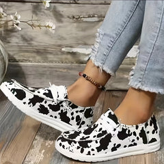 Women's Flower & Cow Pattern Canvas Loafers Lightweight Slip on Shoes