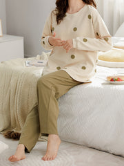 Polka Dot Lounge Set Long Sleeve Top & Pants Women's Sleepwear