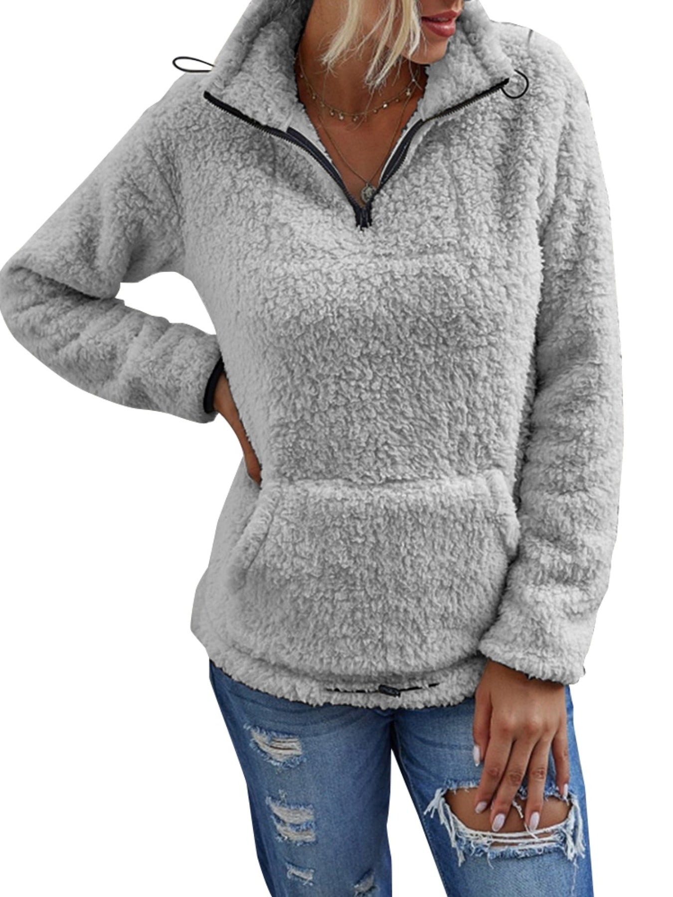 Casual Fuzzy Stand Collar Pullover Sweatshirt