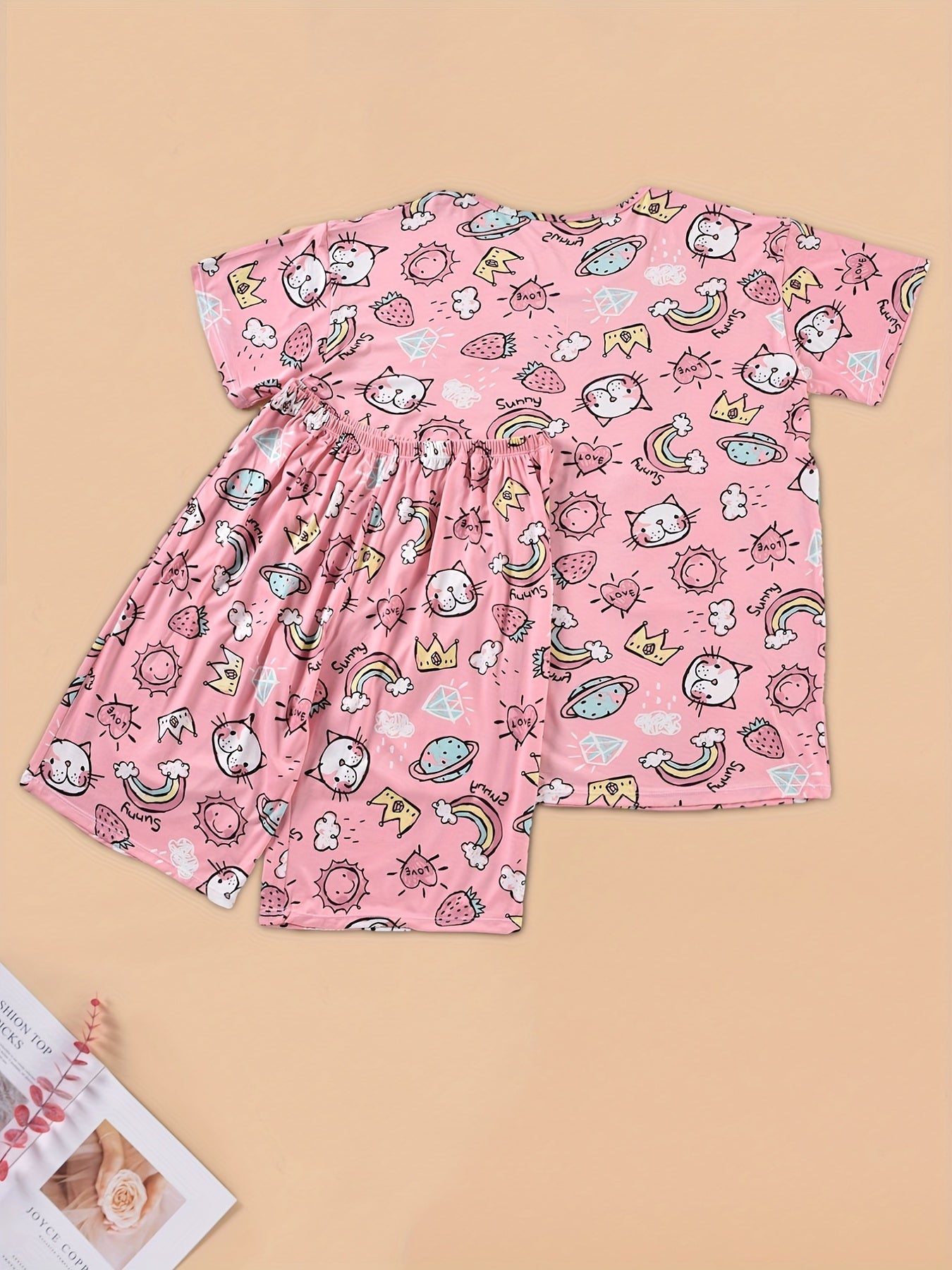 Cat & Strawberry & Rainbow Print Pajama Set