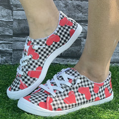 Heart & Checked Print Canvas Skate Shoes