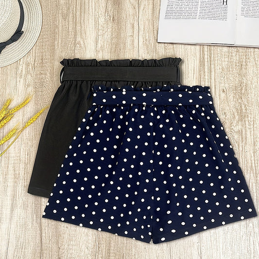 2 Pack Women's Casual Shorts: Solid Elastic & Polka Dot Tie Waist