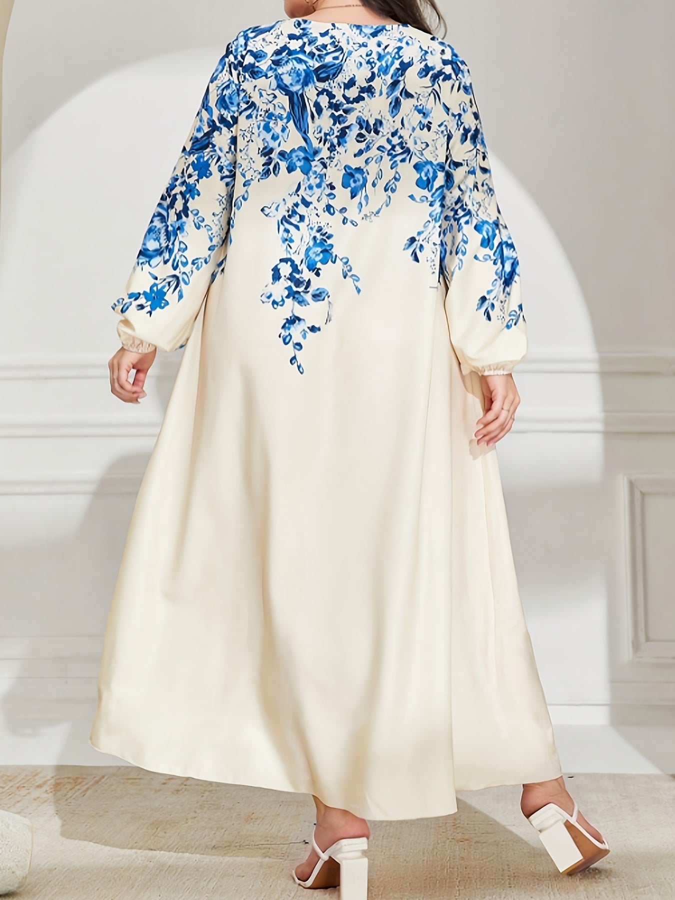 Floral Print Lantern Sleeve Maxi Abaya Dress