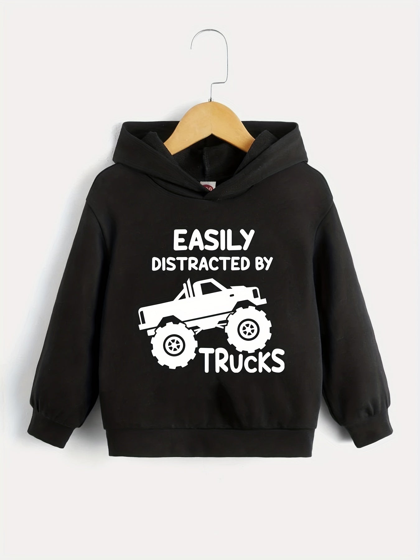 BOYS TRUCKS Letter Print Hooded Sweatshirt Spring Fall Kids Clothing