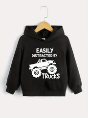BOYS TRUCKS Letter Print Hooded Sweatshirt Spring Fall Kids Clothing