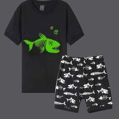 Boys Luminous Fishbone Pajamas Set Short Sleeves Tops & Bottoms