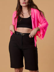 Solid Mesh Knot Front Bell Sleeve Cardigan Plus Size Semi-Sheer Top
