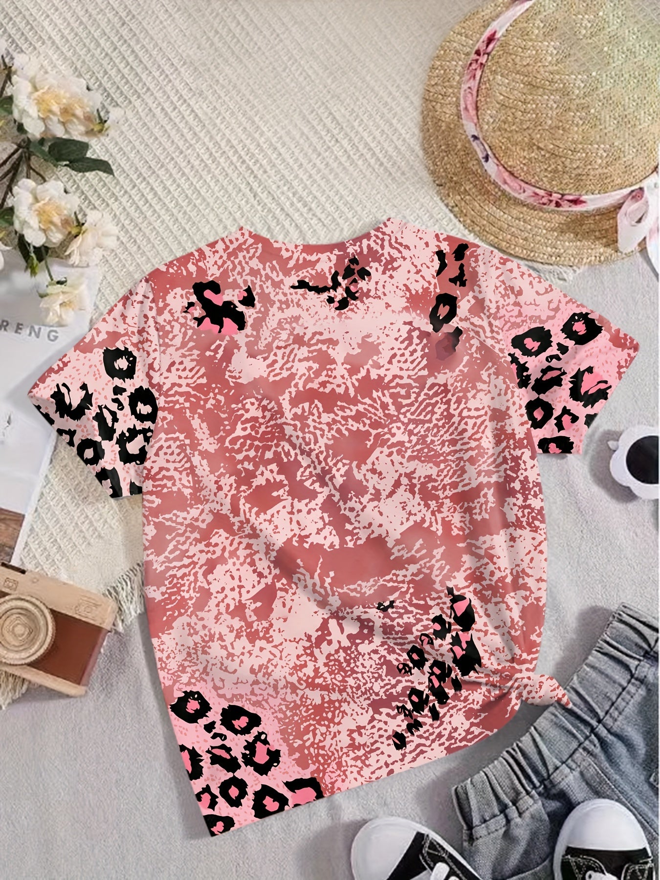 BLESSED Leopard Print Short Sleeve T-shirt Girls Summer Sports Pullover