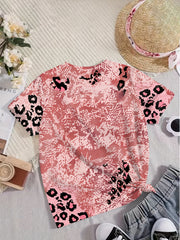 BLESSED Leopard Print Short Sleeve T-shirt Girls Summer Sports Pullover