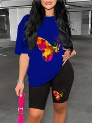 Colorblock Butterfly Print Lounge Set Short Sleeve Top & Cozy Shorts