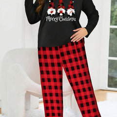 Christmas Pajama Set Gnomes Print Top & Plaid Pants Loungewear