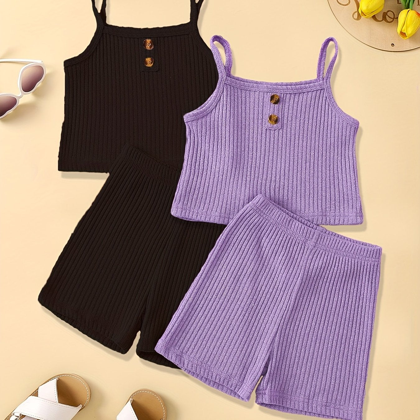 2-Piece Toddler Girl's Ribbed Knit Cami Crop Tops & Track Shorts Summer Outfit