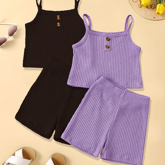 2-Piece Toddler Girl's Ribbed Knit Cami Crop Tops & Track Shorts Summer Outfit