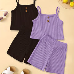 2-Piece Toddler Girl's Ribbed Knit Cami Crop Tops & Track Shorts Summer Outfit