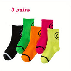 5Pairs Boys Cute Smiley Face Crew Socks for All Seasons