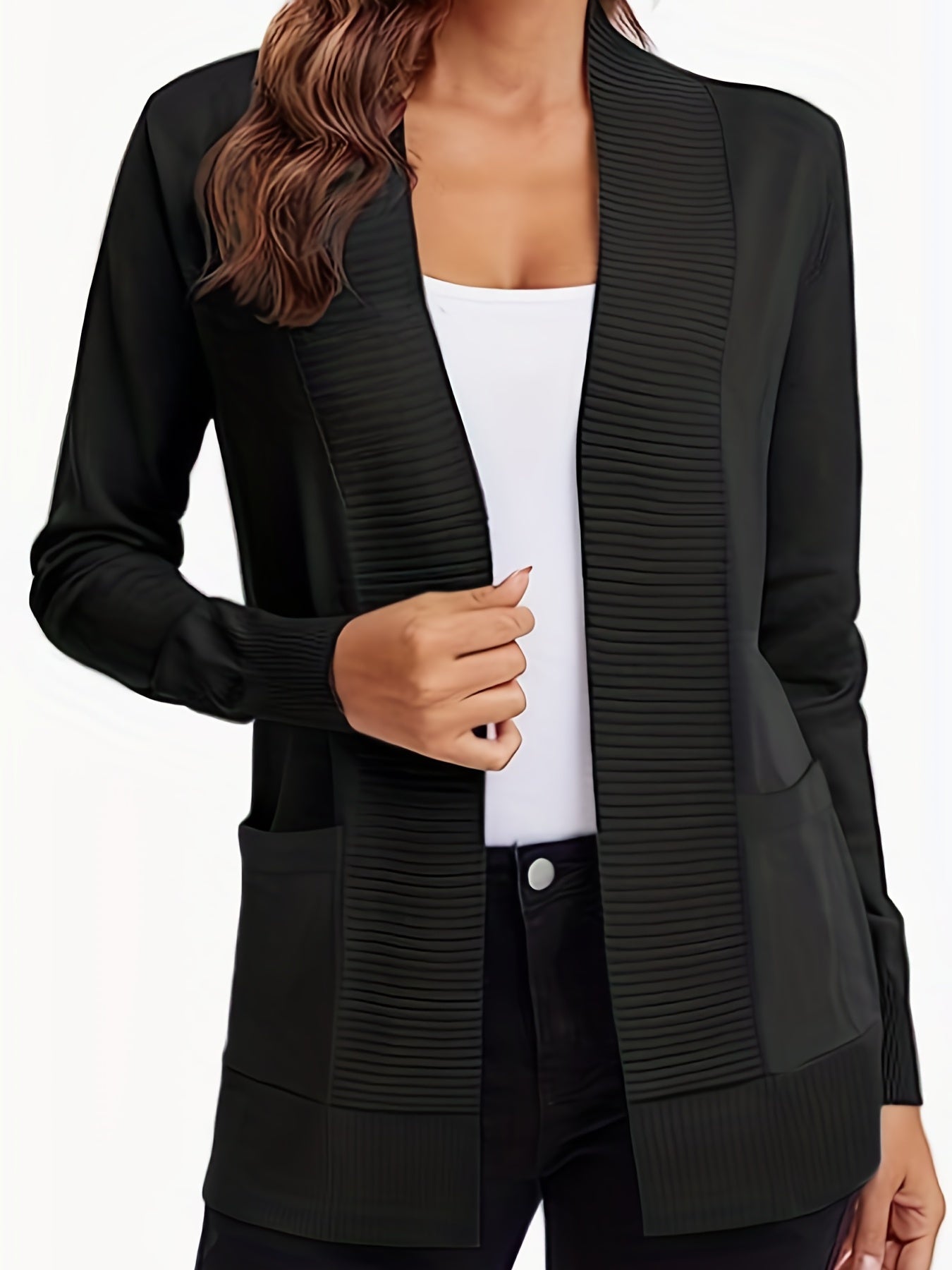 Dual Pockets Open Front Cardigan for Women