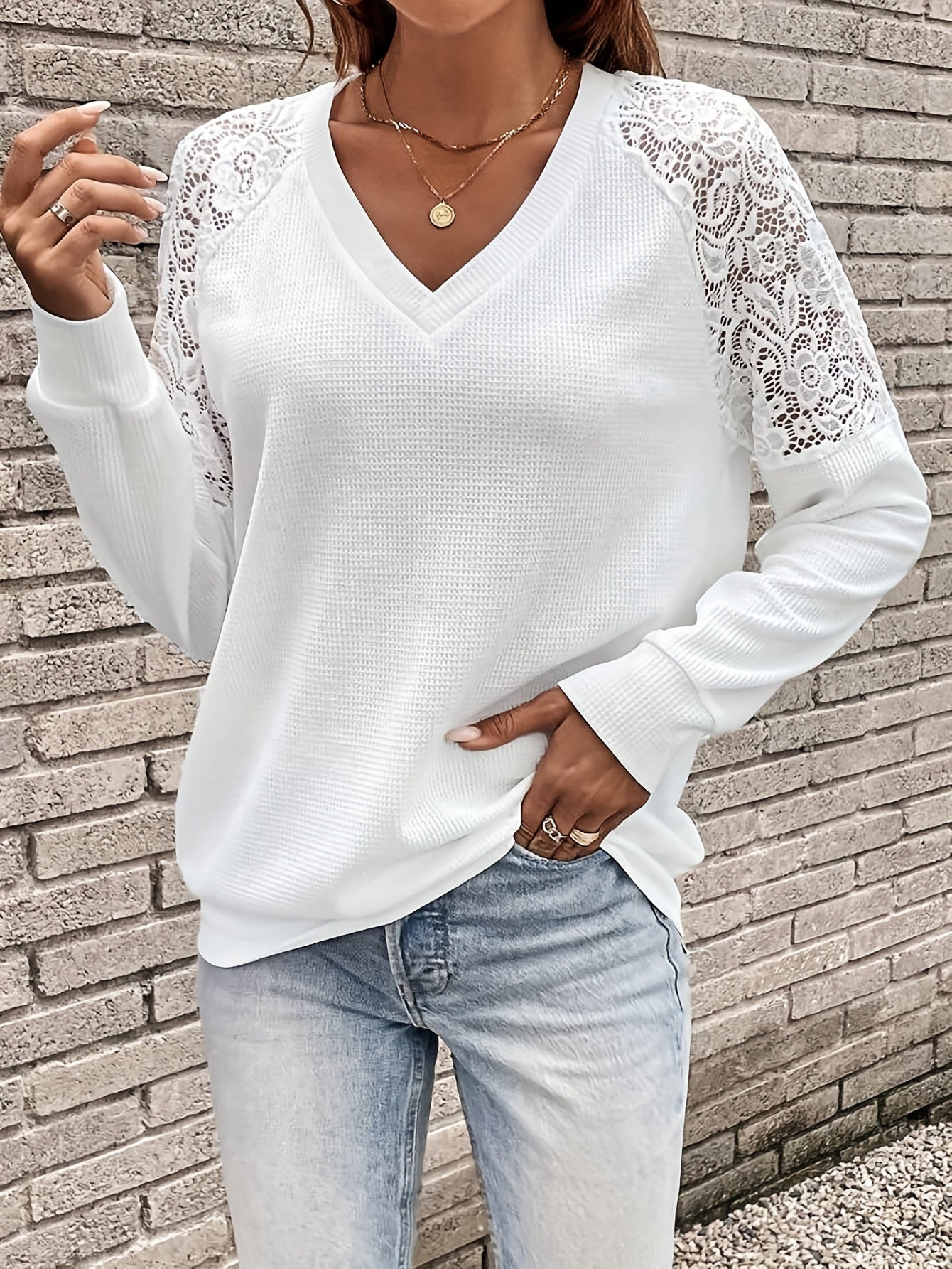 Casual Knit Top Women's Plus Solid Contrast Lace Long Sleeve V Neck