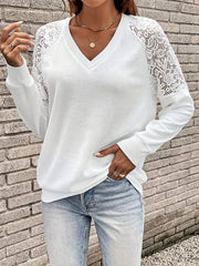 Casual Knit Top Women's Plus Solid Contrast Lace Long Sleeve V Neck