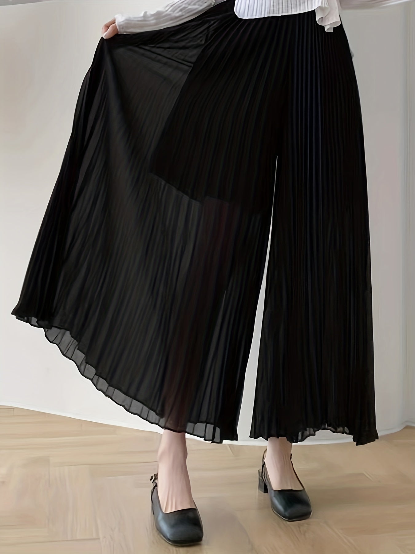 Solid Pleated Wide Leg Pants Cropped - Women's Clothing