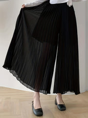 Solid Pleated Wide Leg Pants Cropped - Women's Clothing