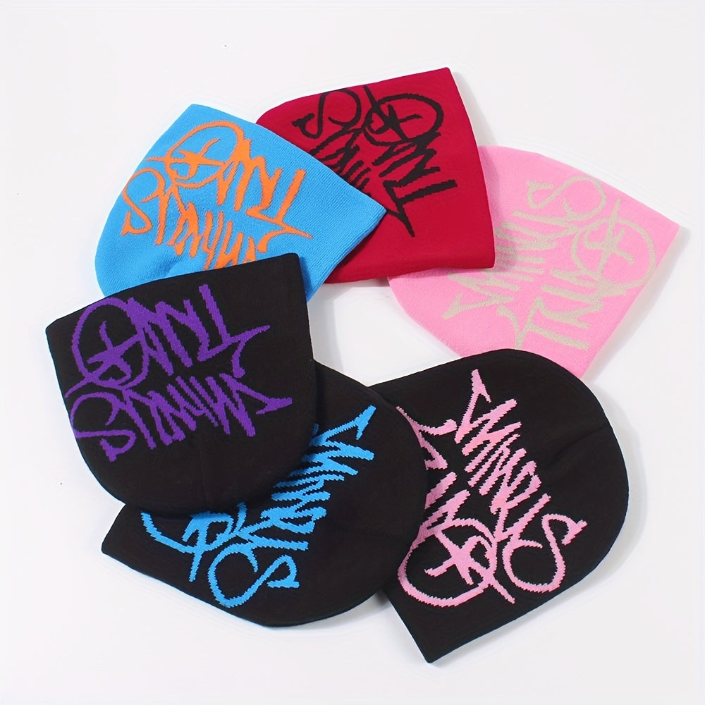 Letter Jacquard Beanie Candy Elastic Skull Cap Y2K Lightweight Knit Hats