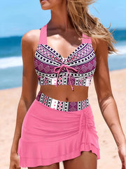 Geo Print Bikini Set Tie Front Crisscross Back & Ruched Skirt Swimsuit