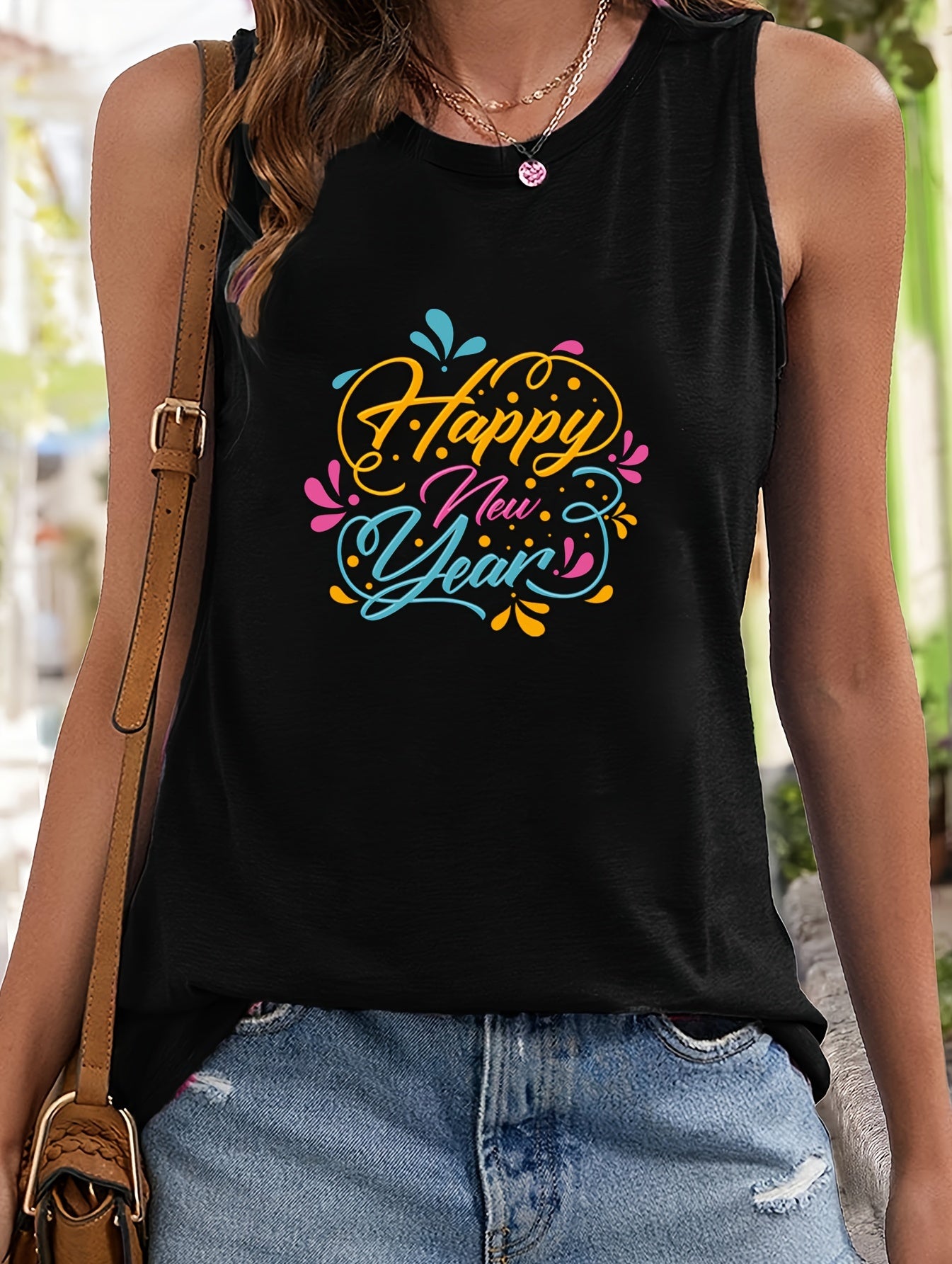 Happy Year Letter Sleeveless Sports Vest Stretchy Casual Tops
