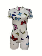 Butterfly Print Mock Neck Romper Jumpsuit Short Sleeve Casual Women's Clothing