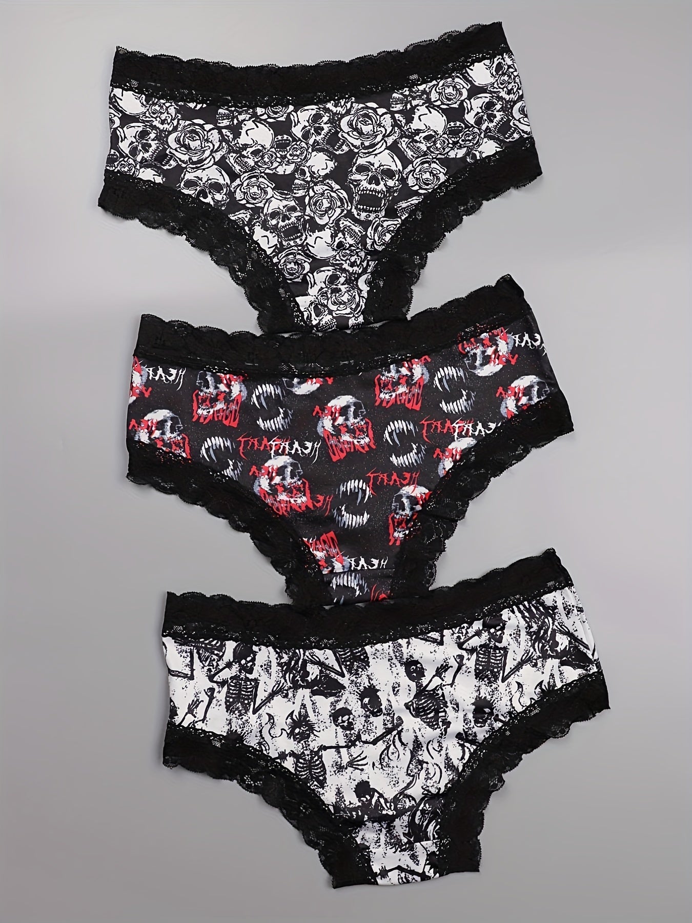 3-Pack Plus Size Gothic Panties Set Women's Skull Print Contrast